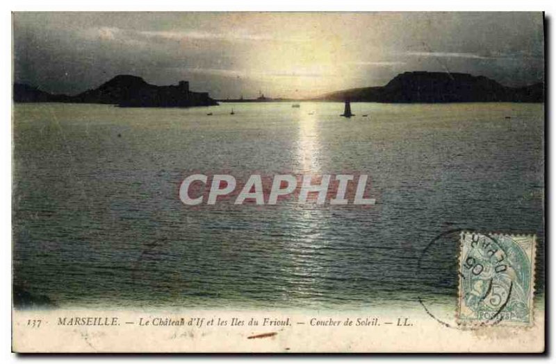 Old Postcard Marseille Le Chateau d'If and the islands of Friuli Sunset
