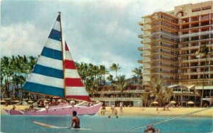 Hawaii 1950s Catamaran Hilton Hawaiian Village Helbig's Crocker Postcard 22-1125