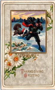 x2 SET c1910s Thanksgiving Greeting Scared Turkey Hunter Halloween Postcard A184