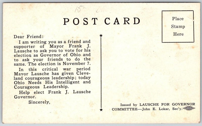 Columbus Ohio 1950s Campaign Postcard Frank Lausche For Governor