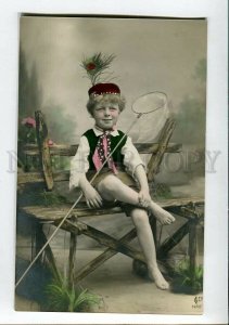 3149787 FISHING Boy Fisherman w/ hoop-net Vintage Tinted PHOTO