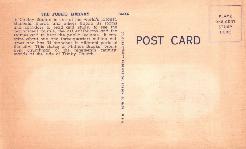 Vintage Postcard Public Library & Phillips Brooks Monument Boston Massachusetts