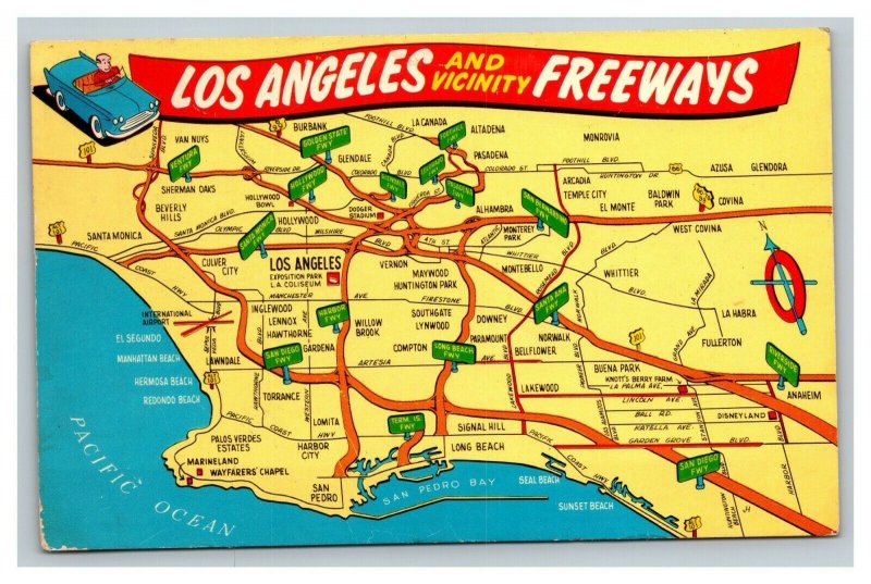 Vintage 1960's Postcard Labeled Cartoon Los Angeles Freeway Map