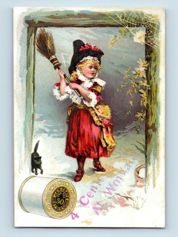 1880's J&P Six Cord Thread Cute Witch & Black Cat Halloween P184