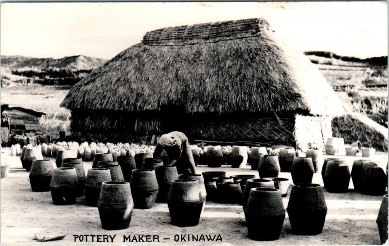 RPPC  OKINAWA, JAPAN   POTTERY MAKER Large Pots THATCHED HUT  c1950s  Postcard