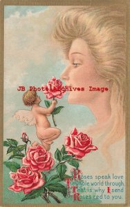 Fantasy, Kaplan No 57, Woman in the Sky, Cupid Offering a Rose Flower to Smell