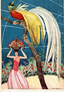 1920s Woman with Exotic Bird Mela Koehler Artist Signed Art Postcard