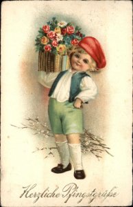Pentecost Little Boy Basket of Flowers Lettering Gilt Vintage Postcard