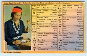 Native American INDIAN SILVERSMITH Symbols ca 1940s Linen Postcard