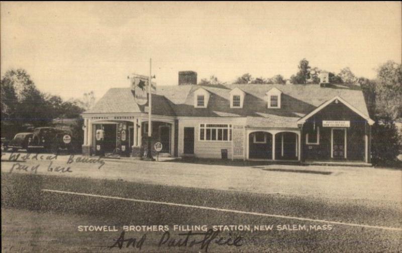 New Salem MA Stowell Bros Gas Station Postcard