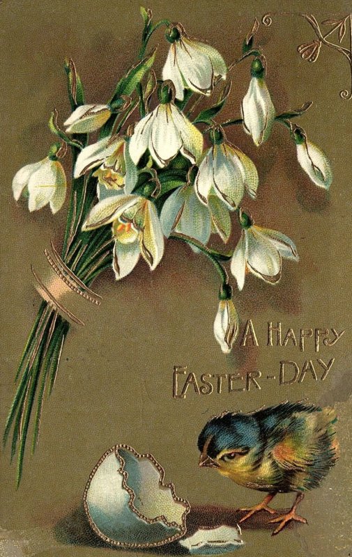 c1910 HAPPY EASTER JACKSON WISCONSIN BABY CHICK LILLIES GILDED POSTCARD P331