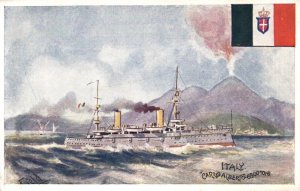 Postcard Italian Royal Navy Battleship Carlo Alberto Cruiser w/ Flag