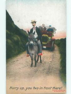 Bamforth Comic AUTOMOBILE CAR HELD UP BY DONKEY ON ROAD AB9862