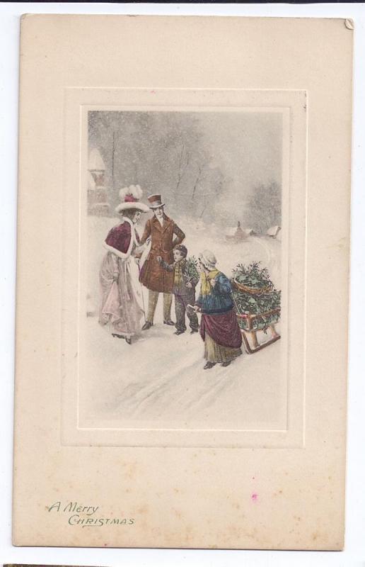 Vintage Christmas Postcard Tinted Litho 1912 Children Sleigh