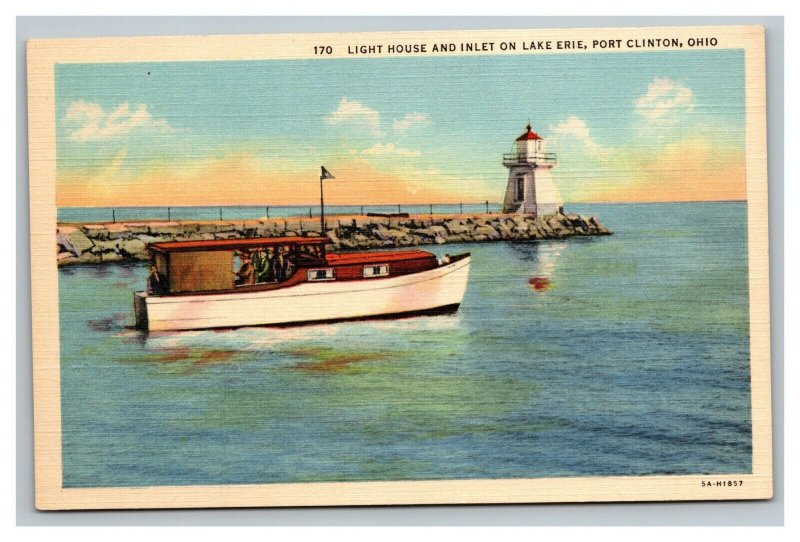 Vintage 1930's Postcard Lighthouse & Inlet Lake Erie - Boating Port Clinton Ohio