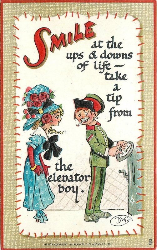 Postcard C-1910 Dwig Smile Fashion Woman Elevator Boy comic humor