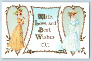 Valentine Postcard Pretty Women With Love Best Wishes Embossed 1915 Antique