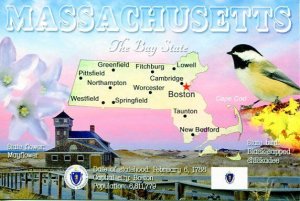 MASSACHUSETTS Map Postcard - The Bay State -  State Symbols