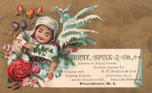1880s-90s Young Girl Among Flowers Murray Spink & Co Jobbers RI Trade Card