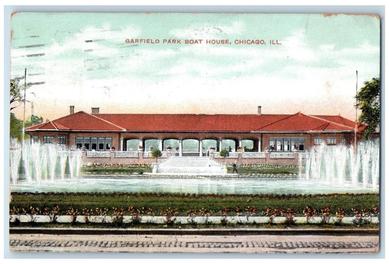 1908 Garfield Park Boat House Fountain Pond Stairs Chicago Illinois IL Postcard 