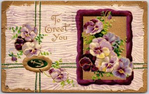 1911 Pansies Flower Greetings and Wishes Bordered Golden Edge, Vintage Postcard
