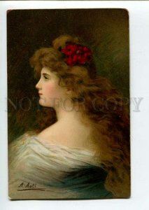 3107714 Woman w/ Long Hair RED FLOWER by Angelo ASTI vintage PC