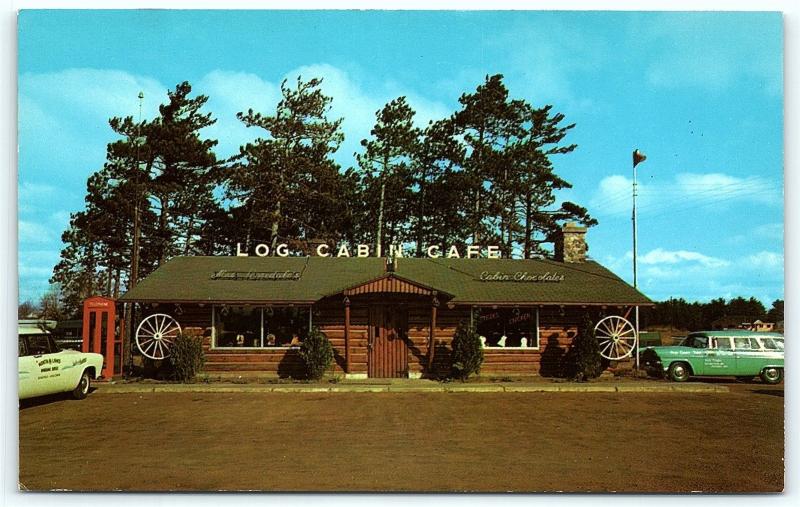 Postcard Wi Schofield Log Cabin Cafe Restaurant 1950s Cars