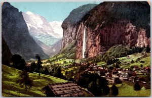 Lauterbrunnen Und Staubbach Switzerland Waterfall Houses Cliff Postcard
