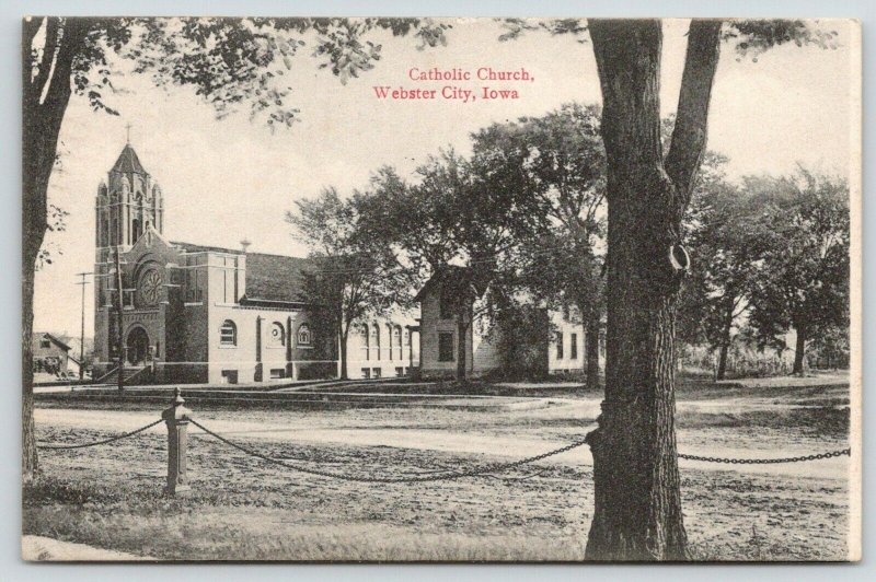 Webster City Iowa~Catholic Church~Clapboard House Under Trees~Chain Fence~1908 