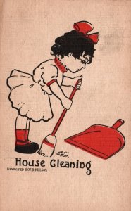 Vintage Postcard House Cleaning Little Girl Sweeping on The Floor Comic Card