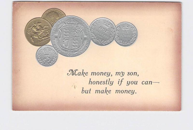 ANTIQUE POSTCARD ENGLAND PIECES OF MONEY EMBOSSED SILVER GOLD SHILLING SIX PENCE