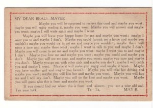 My Dear Beau, MAYBE, Antique Greetings Postcard, Anonymous Mystery Sender