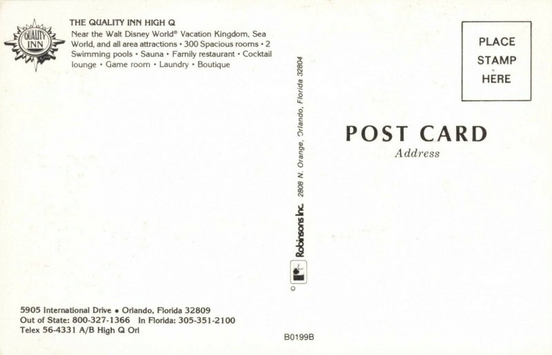 Postcard Quality Inn High Q Hotel Orlando Florida