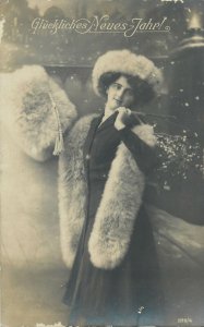 Postcard lady fancy fur clothing fur hat