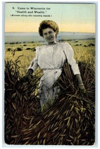 c1910's Pretty Woman Harvested Wheat Scenes Along The Country Roads Postcard