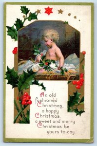 1910 Christmas Message Boy With Holly Berries Embossed Kenton Ohio OH Postcard