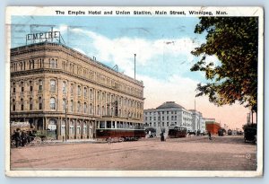 1922 Winnipeg Manitoba Canada Postcard Empire Hotel Union Station Main Street