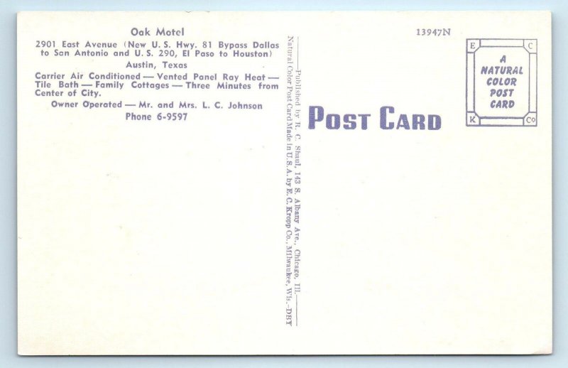 AUSTIN, TX Texas OAK MOTEL c1940s Roadside Linen Travis County  Postcard