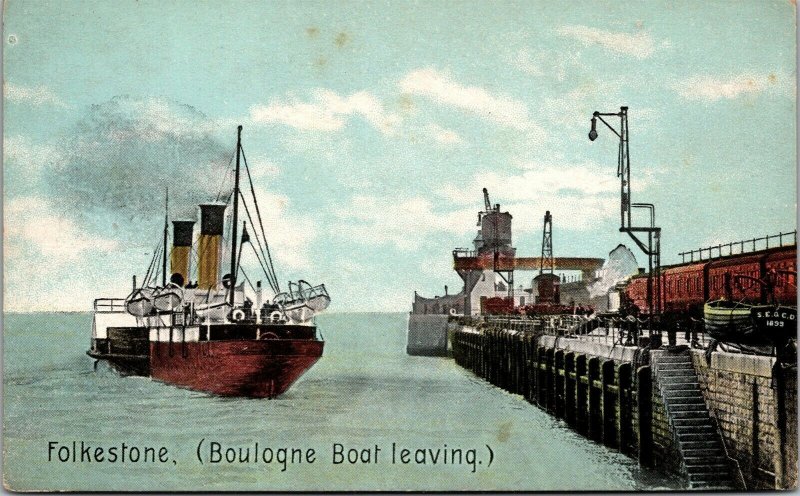 Vtg Folkestone England Boulogne France Boat Leaving Ferry 1910s Postcard
