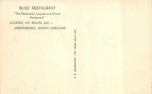 GREENSBORO, North Carolina NC   BLISS RESTAURANT Roadside VINTAGE  B&W Postcard