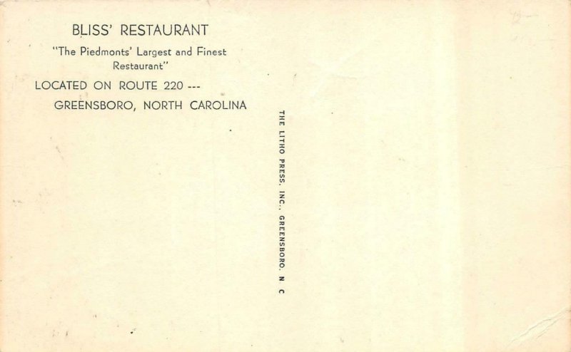 GREENSBORO, North Carolina NC   BLISS RESTAURANT Roadside VINTAGE  B&W Postcard