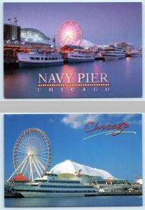 2 Postcards CHICAGO, IL ~ Day/Night Neon NAVY PIER Ferris Wheel 4x6 Ferry Boat