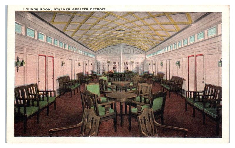 Early 1900s Lounge Room, Steamer SS Greater Detroit Postcard