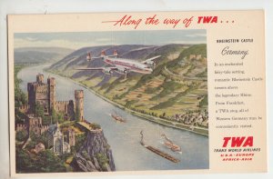 P3147 vintage postcard TWA airlines airplane over rheinstein castle gemany