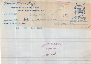 1902 Merrimac Mattress Mfg. Co. Boston MA Bill Letterhead Billhead