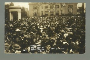 Battle Creek MICHIGAN RP 1911 PRESIDENT TAFT Day Visit Crowd AMERICAN FLAGS