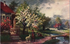 Beautiful Landscape Boy With Dog Vintage Postcard C113