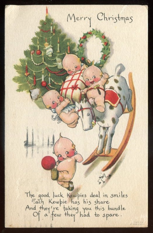 h2410 - CHRISTMAS Postcard 1921 Artist-Rose O'Neill KEWPIE Dolls Rocking Horse