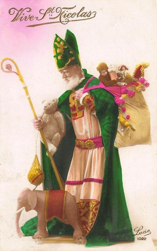 Christmas Green Robed Santa Claus Elephant Teddy Bear Toys Belgium Postcard