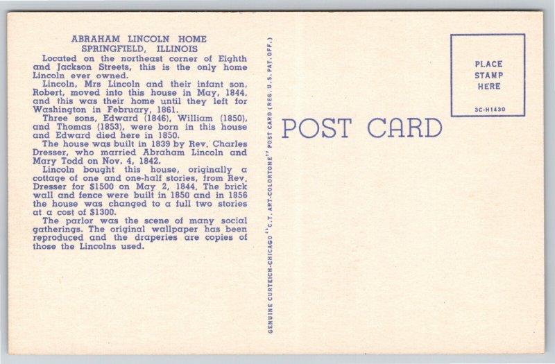 Springfield Illinois~Back Parlor Abe Lincoln's Home~Vintage Linen Postcard